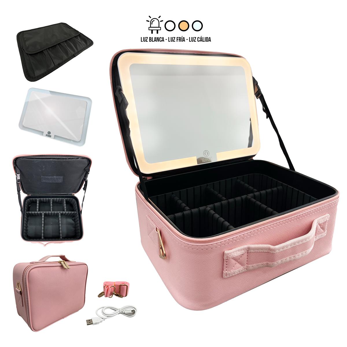 MALETIN MAQUILLAJE C/ ESPEJO Y LUZ LED ROSADO | American Beauty Supply